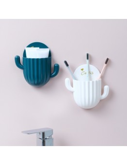 4 PCS Cactus Shape Punch  Free Toothbrush Toothpaste Storage Rack Bathroom Wall Suction Dental Holder  Random Color